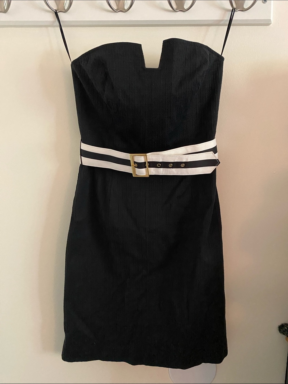 Trina Turk Strapless Black Sheath Dress with White Contrast Belt